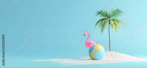 3D render of a minimal summer concept with a palm tree, beach ball and pink flamingo float on a blue background. Minimal summer theme. Bright colors and a solid background. The image is rendered in th photo