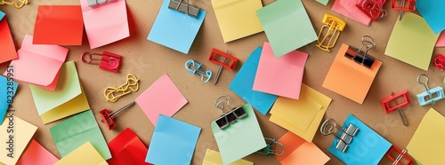 Collection of colorful sticky notes binder clips and push pins arranged on a bulletin board serving as visual reminders and organizational tools for keeping track of tasks photo