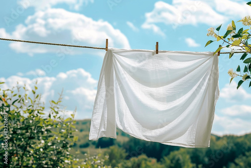 White laundry hanging on a clothesline against a background of summer nature  © xadartstudio