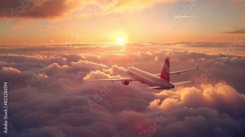 Commercial airplane flying above clouds in sunset light.