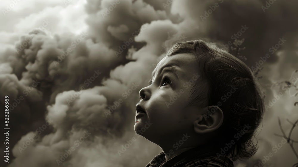 A baby with a curious expression looks up at dark, looming clouds, capturing a moment of wonder and environmental concern. A baby with a curious expression looks up at dark, looming clouds, capturing a moment of wonder and environmental concern.
