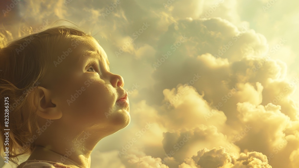 A baby gazing upwards at a sky filled with glowing clouds, symbolizing hope, innocence, and a bright future. A baby gazing upwards at a sky filled with glowing clouds, symbolizing hope, innocence, and a bright future.