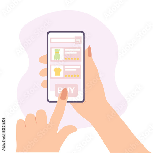 Hands hold vertically mobile phone with shopping screen. People arms are touching smartphone display with right thumb index finger. Phone mockup. Flat cartoon vector illustration.