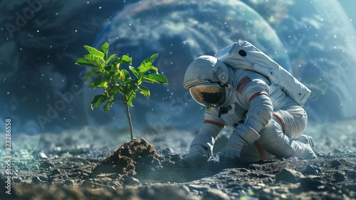 Image of an astronaut in a space suit kneeling to tend to a sapling against a cosmic background photo