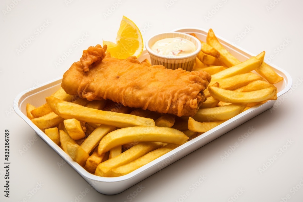 Delicious fish and chips on a plastic tray against a minimalist or empty room background Delicious fish and chips on a plastic tray against a minimalist or empty room background