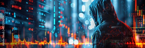 Hooded silhouette attempting to cyber-hack the stock market. photo