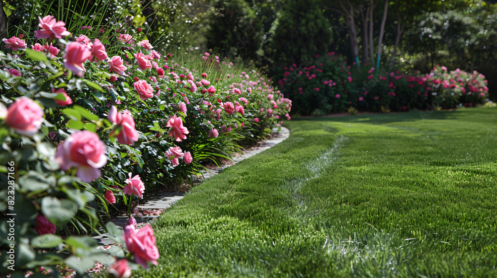 Beautiful manicured green mown lawn on household plot