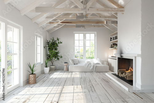 White room with wooden flooring and ceiling beams fire place on right wide format 