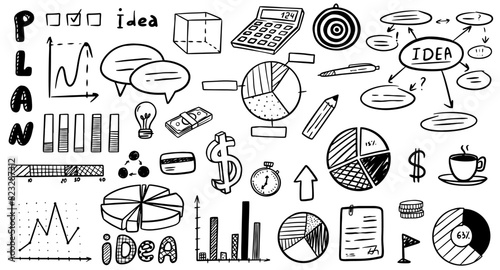 Business doodles hand drawn icons. Management infographic concept with financial business career development elements. Vector illustration EPS10