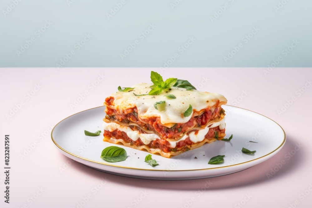 Tasty lasagna on a ceramic tile against a minimalist or empty room background Tasty lasagna on a ceramic tile against a minimalist or empty room background