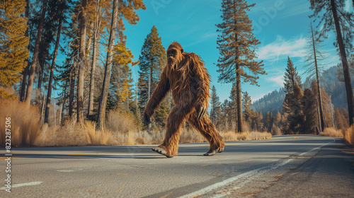 Bigfoot in the wild. Shot in a reportage style. Yeti in the forest.