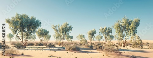 a photorealistic shot on the Australian desert with sand and no plants in the foreground, and a line of low, densly packed trees on the horizon photo