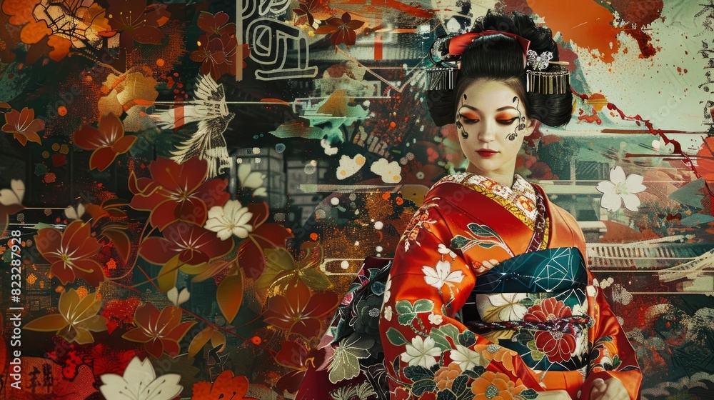 Fototapeta premium Manifest Destiny, Colonial Times, cyberpunk palette, traditional Japanese kimono patterns, HD
