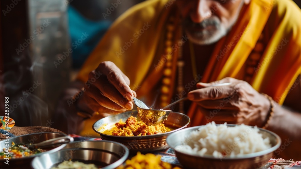 An elderly monk in a vibrant yellow robe meticulously adds garnish to a traditional Indian dish in a colorful kitchen setting. An elderly monk in a vibrant yellow robe meticulously adds garnish to a traditional Indian dish in a colorful kitchen setting.