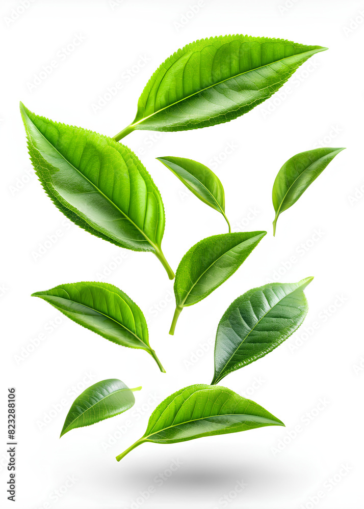 green tea leave falling on white background