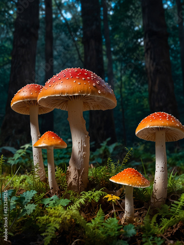 a group of mushrooms in the forest with a forest background © SabithaRani