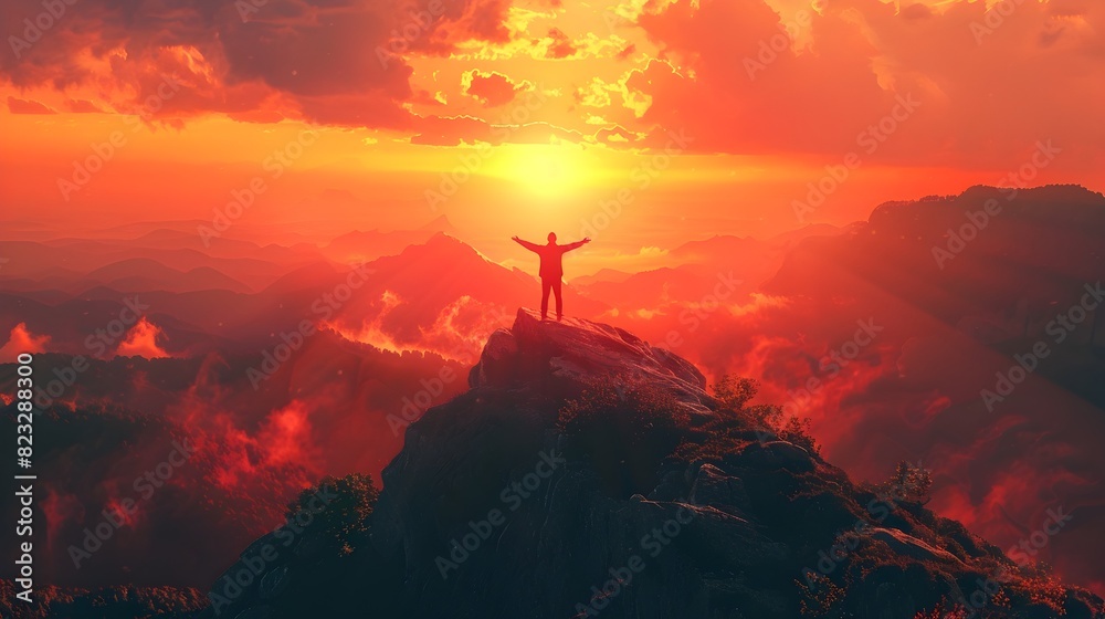 Embracing the Energy of New Beginnings A Silhouetted Figure Stands Tall on a Mountaintop at Daybreak Arms Outstretched to Greet the Dawning Day and Embracing the Energy of New Beginnings A Silhouetted Figure Stands Tall on a Mountaintop at Daybreak Arms Outstretched to Greet the Dawning Day and