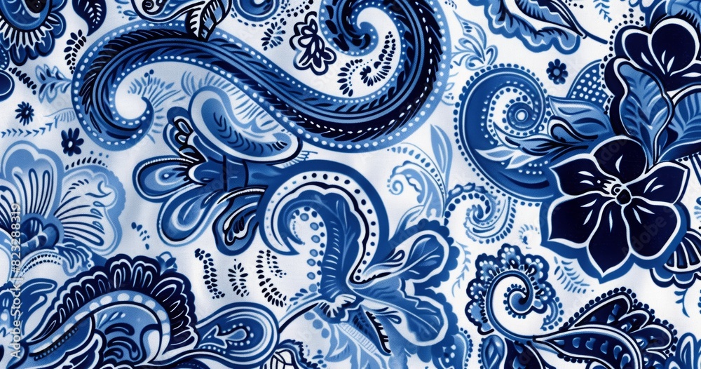 A blue and white paisley patterned fabric