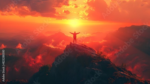 Embracing the Energy of New Beginnings A Silhouetted Figure Stands Tall on a Mountaintop at Daybreak Arms Outstretched to Greet the Dawning Day and