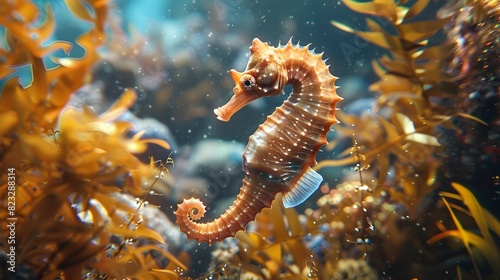 Peaceful Seahorse Floating Amidst Delicate Seaweed and Coral in a Harmonious Marine Ecosystem © Thares2020