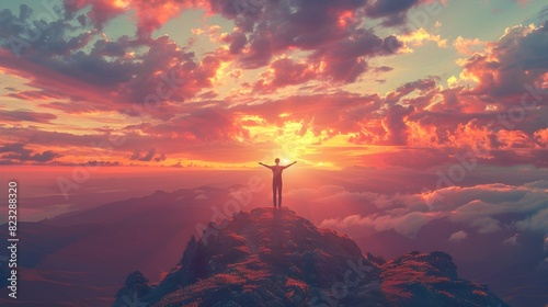 Person on Mountaintop at Sunrise Embracing the Energy of New Beginnings with Open Arms