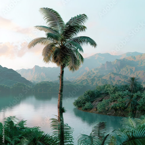 Majestic Tropical Oasis: Towering Palms and Serene Waters photo