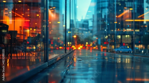 A city street with a lot of lights and reflections on the wet pavement