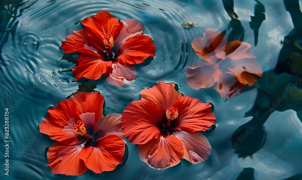 Red hibiscus Flowers Floating in Water, Generative AI Red hibiscus Flowers Floating in Water, Generative AI