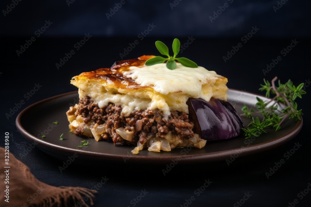 Tempting moussaka on a rustic plate against a minimalist or empty room background Tempting moussaka on a rustic plate against a minimalist or empty room background