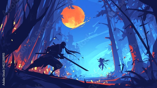 A fight between two ninjas at night. Amazing anime illustration suitable for desktop wallpaper.  photo