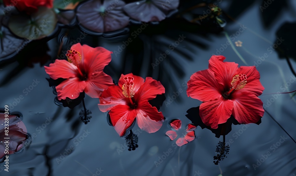 Obraz premium Red hibiscus Flowers Floating in Water, Generative AI