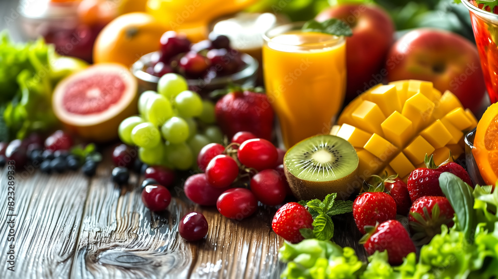 Fruits and vegetables on the wooden table, healthy lifestyle Fruits and vegetables on the wooden table, healthy lifestyle
