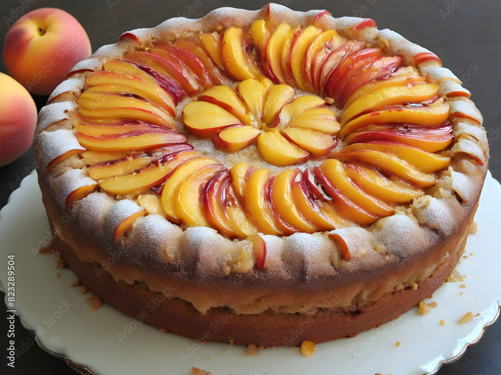 Enjoy a slice of our gourmet nectarine cake, a sweet and delicious dessert from the bakery. Fresh fruit and cream make it perfect for breakfast. Enjoy a slice of our gourmet nectarine cake, a sweet and delicious dessert from the bakery. Fresh fruit and cream make it perfect for breakfast.