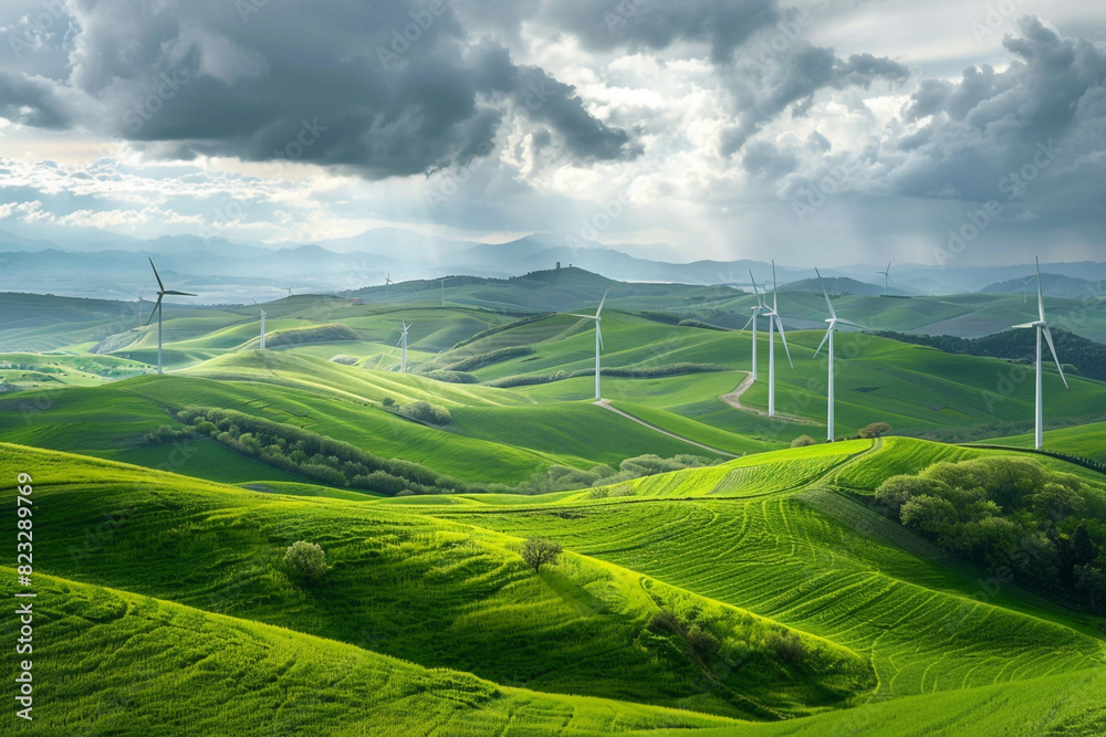 Fototapeta premium Wind Turbines Crown the Rolling Hills under a Cloudy Sky 