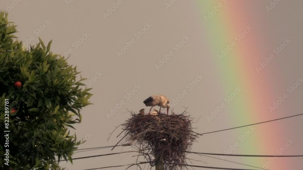 Stork sheltering its young from the rain, in the nest on top of a wooden electric post, with a rainbow in the background Stork sheltering its young from the rain, in the nest on top of a wooden electric post, with a rainbow in the background