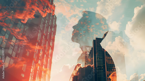 Double exposure portrait of a businessman with the sightly skyscraper