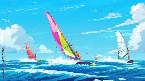 Wind Surfers Gliding Over The Waves, Their Sails Brightly Colored, Cartoon ,Flat color