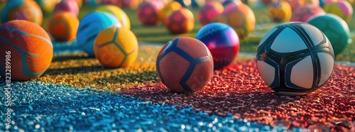 A colorful array of soccer balls basketballs and footballs arranged on a sports field with vibrant hues and textured surfaces inviting players to kick dribble and throw with precision and skill