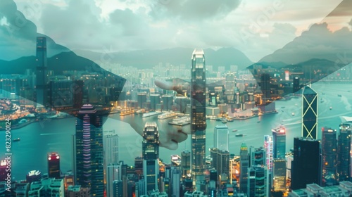 Double Exposure of a businessman handshake on the Hong Kong skyscraper background. photo