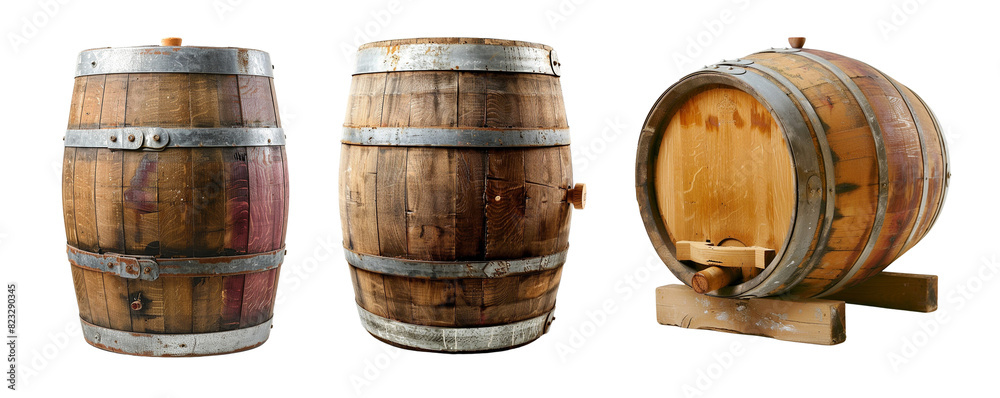 Three old wooden wine barrels cutout design elements
