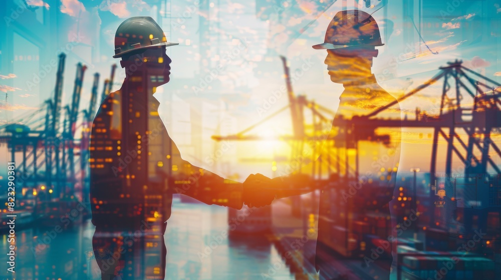 Double exposure of businessman and engineer wear a hardhat standing cargo at the container yard and greeting each other