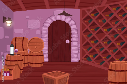 Wine cellar interior. Alcohol shelving with wine champagne barrel in castle basement. Wine shop, cellar interior with wooden barrels, shelves with glass bottles
