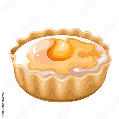 Baked egg in shortcrust pastry, cartoon rustic breakfast food. Open delicious savory pie of shortbread dough with runny egg yolk and cheese. Appetizer mascot, cartoon gourmet dish vector illustration