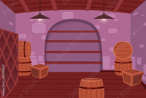 Wine cellar interior. Alcohol shelving with wine champagne barrel in castle basement. Cellar interior with wooden shelves and wine rack. Vector illustration EPS10