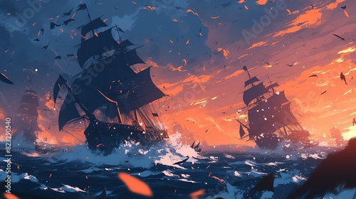 an epic naval battle between pirate ships