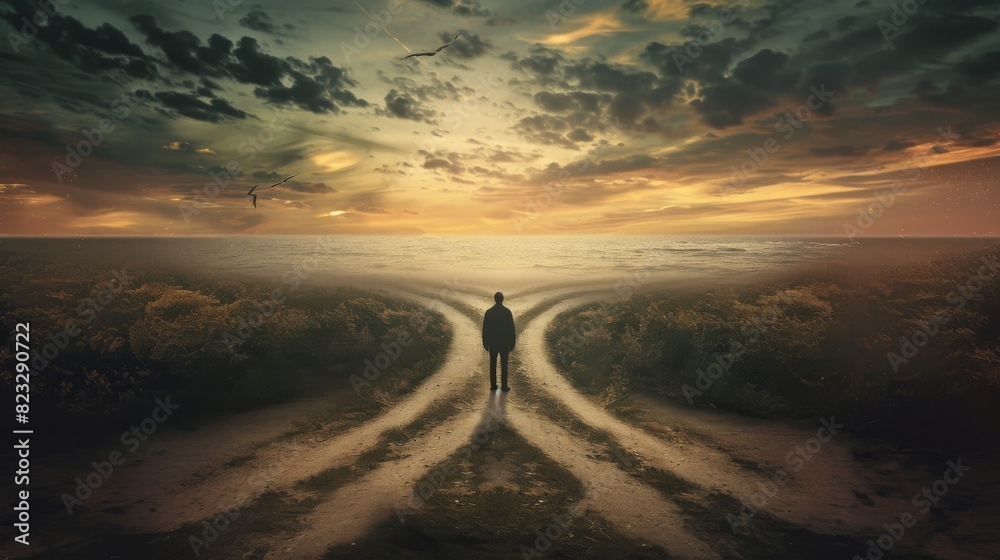 An ethereal landscape featuring a lone figure at the fork of a sandy path, under a dramatic sunset sky with dark clouds and distant birds. An ethereal landscape featuring a lone figure at the fork of a sandy path, under a dramatic sunset sky with dark clouds and distant birds.