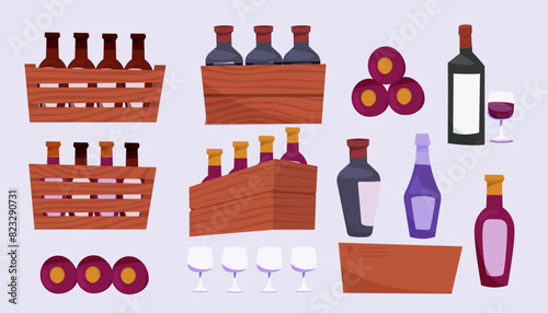 Wine cellar equipment and elements set. Barrel keg. Tank alcohol. Wine storage and drinking. Vector collection icons winemaking business.