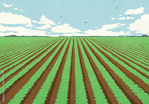 Birds flying over crop of plants growing in rows on sunny farm
 photo