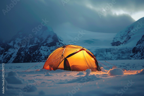 Winter Camping, Snowcovered tent with warm light glowing from inside  © xadartstudio