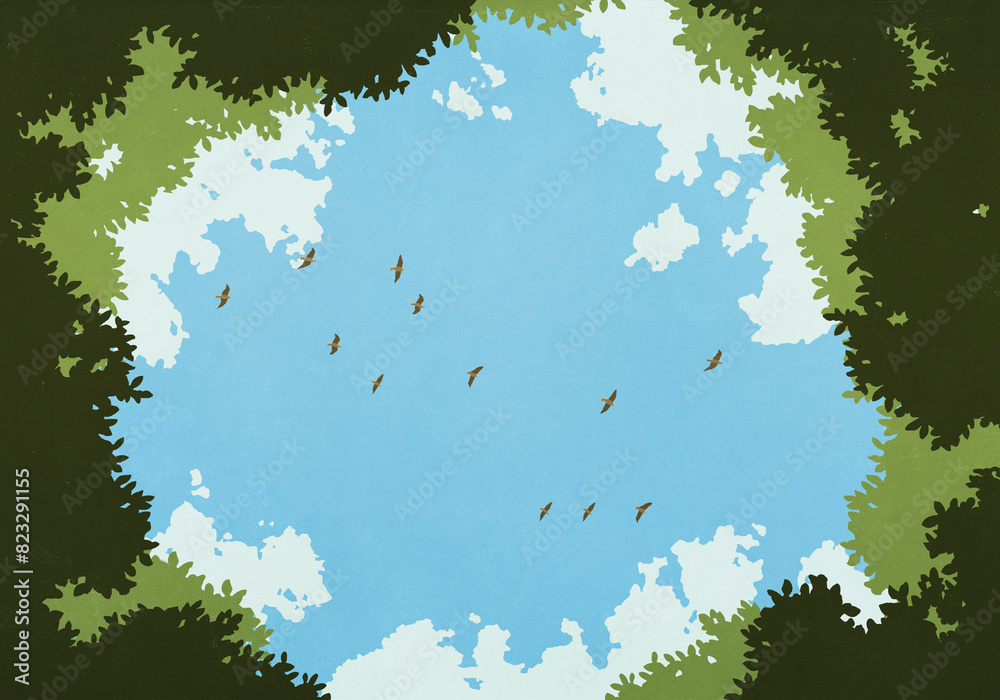 View from below birds flying in blue sky above opening in treetops
View from below birds flying in blue sky above opening in treetops